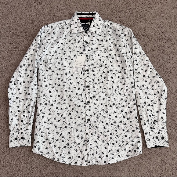 Silver Stone Collection White Navy Blue Floral Button Up Shirt Modern Fit Mens S - Picture 1 of 15